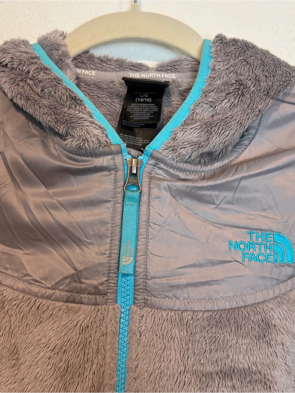 The North Face Girl's Osito Hooded Soft Jacket Girls Sz L (14/16) Gray and Aqua